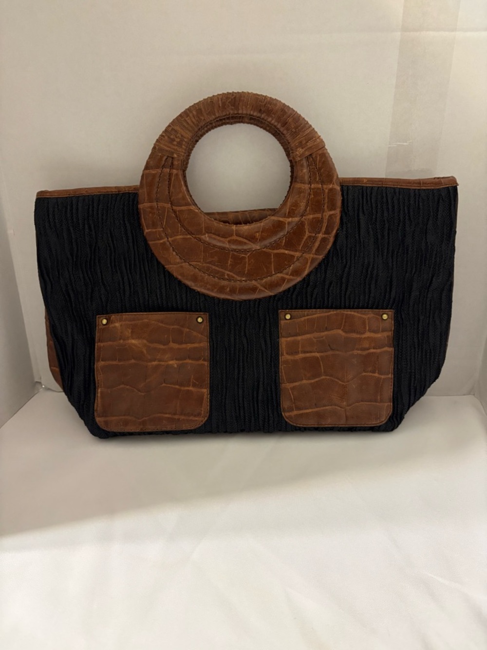 Donald J Pliner ruched black purse bag brown croco-embossed leather trim